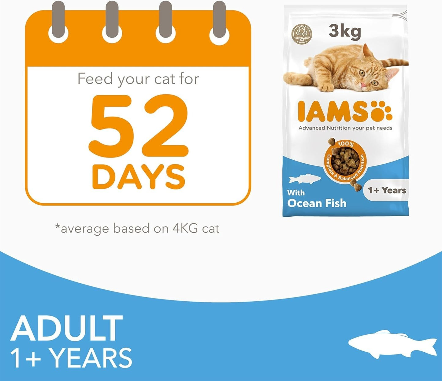 IAMS Complete Dry Cat Food for Adult Cats (1+ Years) with Ocean Fish, 3 kg