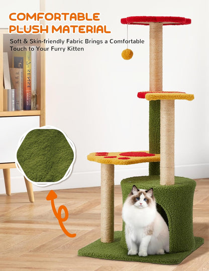 Flower Cat Tree 37In Cute Cat Tree Tower for Indoor Cats with 3 Sisal Covered Scratching Posts, Cozy Tower Condo, Padded Top Perch Green Fun Cat Tree Kitty Condo Cat Furniture for Indoor Cats