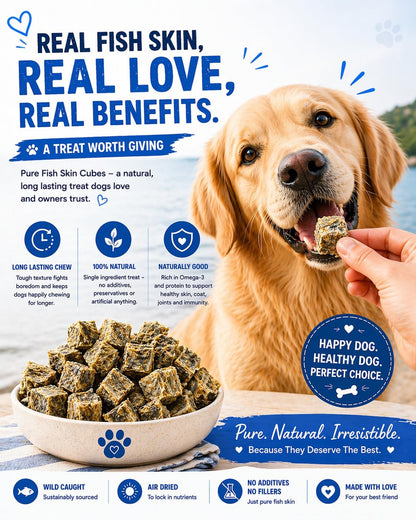 200G Fish Skin Cubes for Dogs 100% Natural White Fish Skin Jerky Cubes Dog Treat, Hypoallergenic Dog Food & Grain Free Dog Chews, Dental Pet Treat, High Protein Dog Snacks