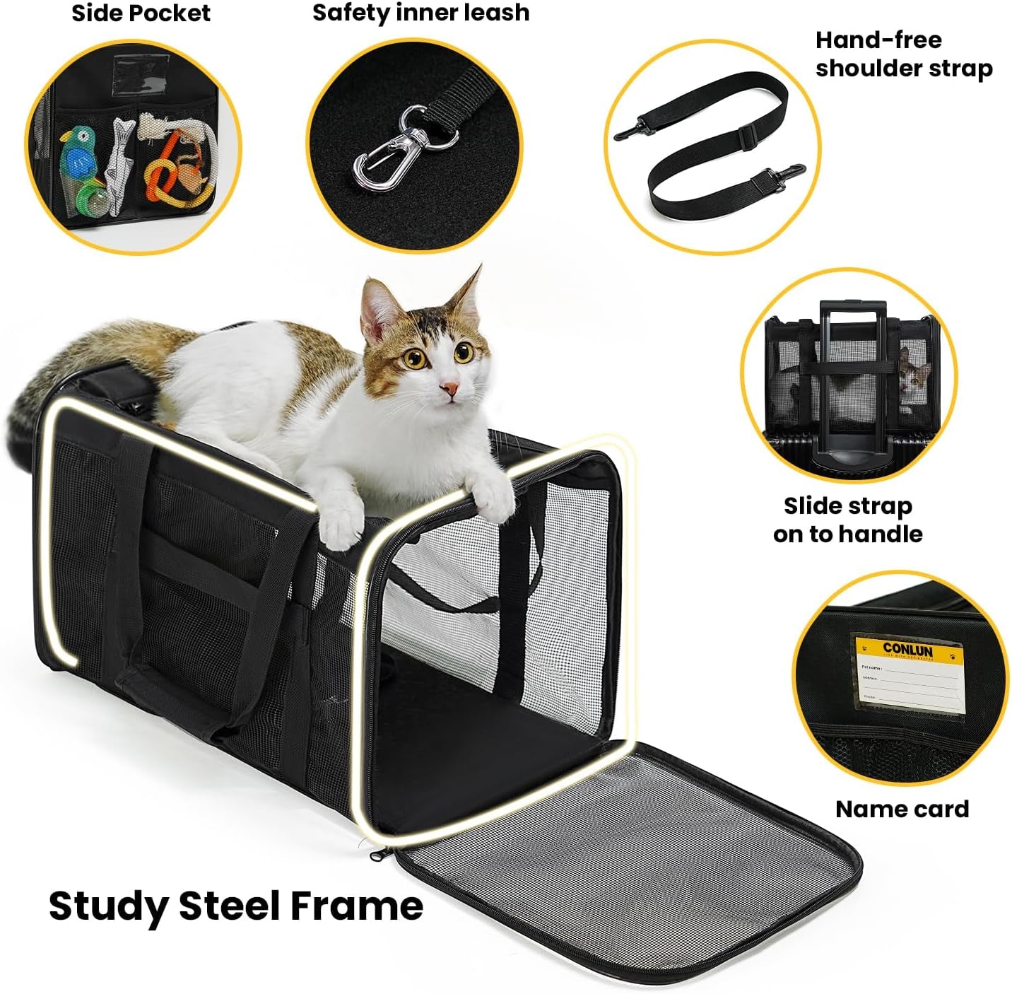 Soft-Sided Cat Carrier Bag - Airline Approved Pet Transport for Small to Medium Cats and Puppies up to 15 lbs, Featuring 4-Sided Mesh and Collapsible Design