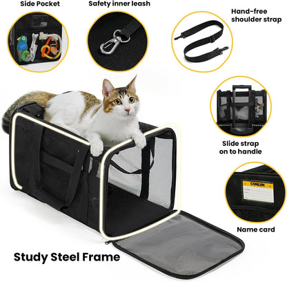 Soft-Sided Cat Carrier Bag - Airline Approved Pet Transport for Small to Medium Cats and Puppies up to 15 lbs, Featuring 4-Sided Mesh and Collapsible Design