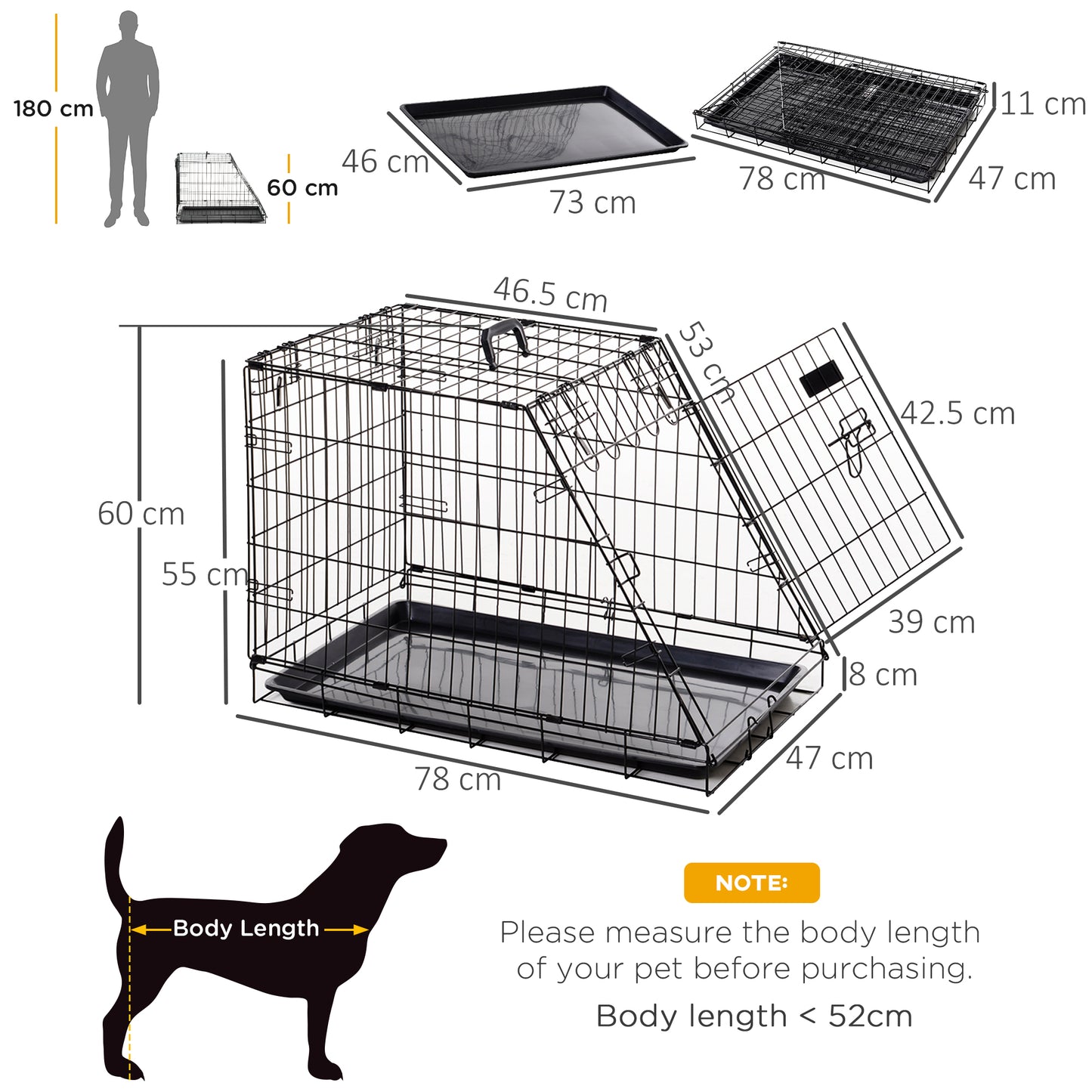 Metal Folding Dog Crate with Removable Tray - 78 x 47 x 55 cm
