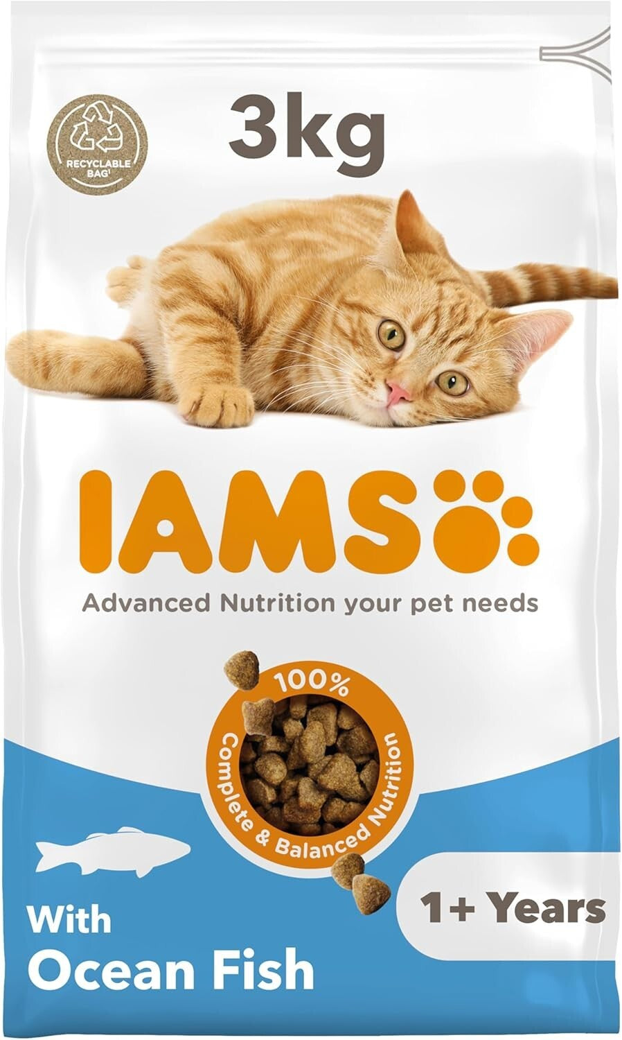 IAMS Complete Dry Cat Food for Adult Cats (1+ Years) with Ocean Fish, 3 kg