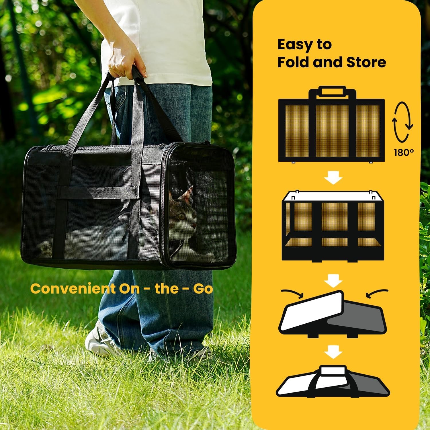 Soft-Sided Cat Carrier Bag - Airline Approved Pet Transport for Small to Medium Cats and Puppies up to 15 lbs, Featuring 4-Sided Mesh and Collapsible Design