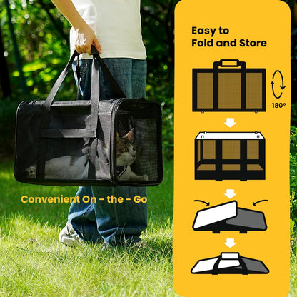 Soft-Sided Cat Carrier Bag - Airline Approved Pet Transport for Small to Medium Cats and Puppies up to 15 lbs, Featuring 4-Sided Mesh and Collapsible Design