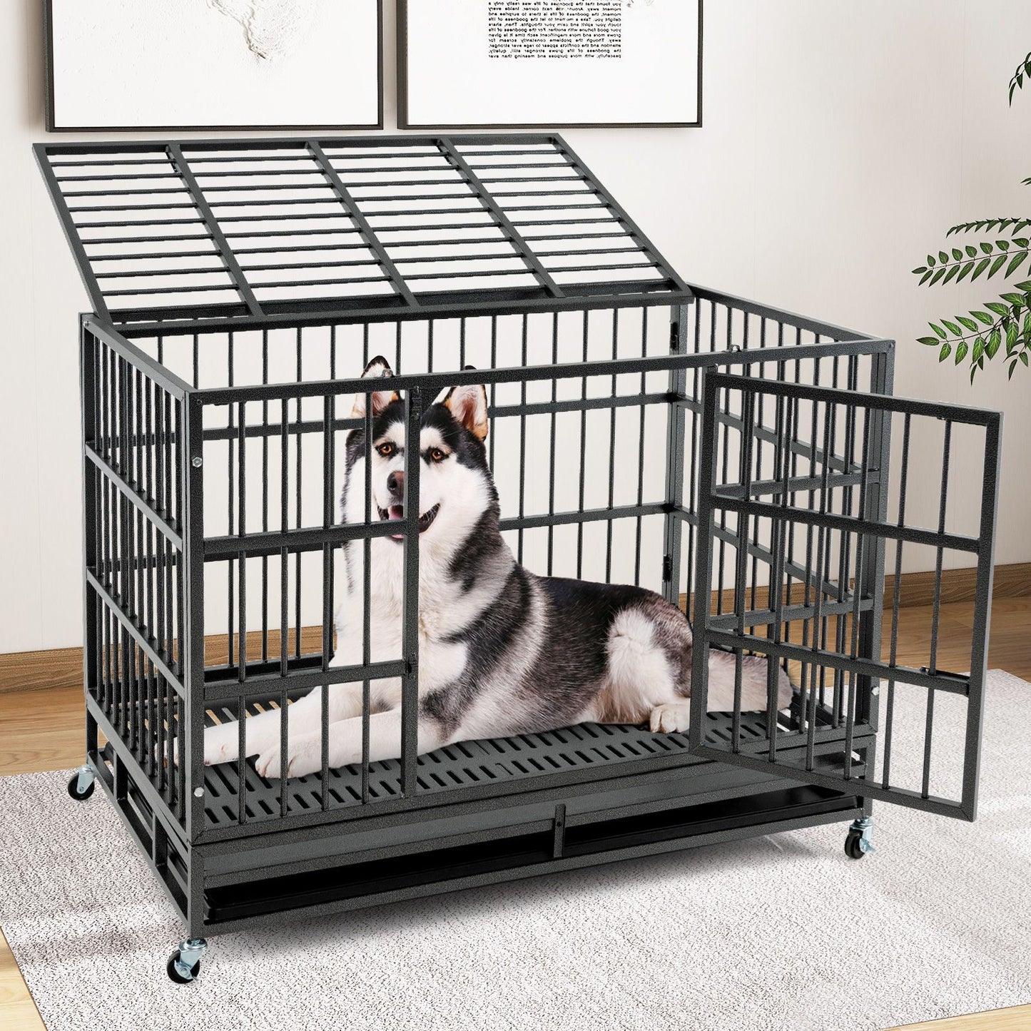 Foldable Metal Dog Cage with Double Doors and Wheels - 96/120 cm