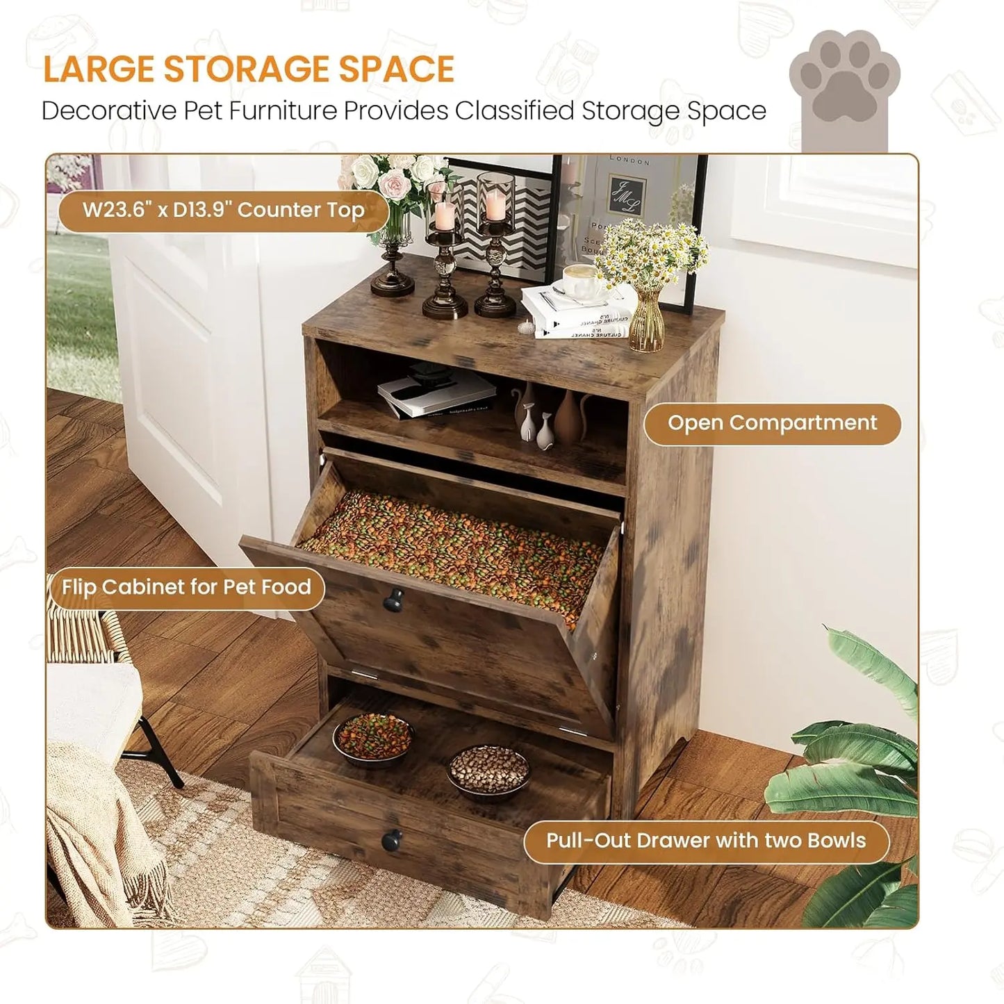 Linkromat Elevated Dog Feeding Station with Storage Cabinet and Two Bowls, Brown
