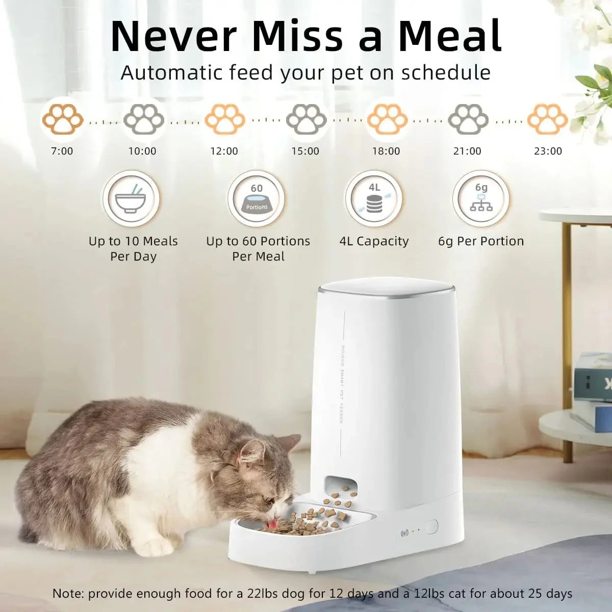ROJECO Smart Automatic Cat Feeder with Wi-Fi Connectivity and Remote Control for Dry Food Dispensing for Cats and Dogs