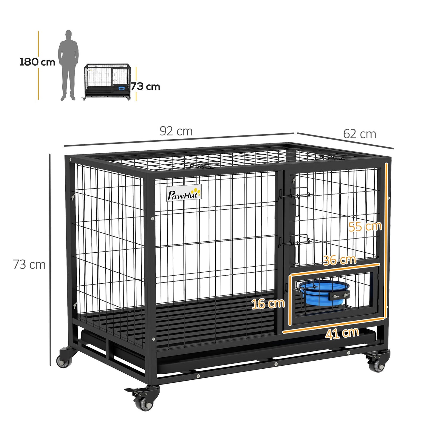 Pawhut 36-Inch Heavy-Duty Dog Crate with Wheels, Bowl Holder, and Removable Tray