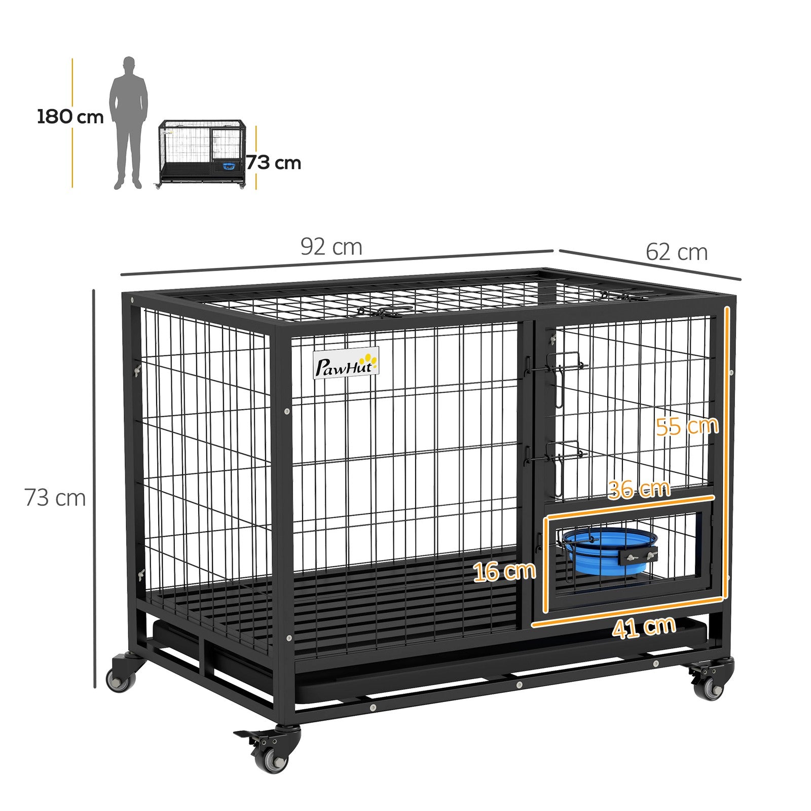 Pawhut 36-Inch Heavy-Duty Dog Crate with Wheels, Bowl Holder, and Removable Tray