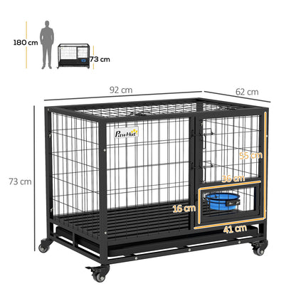 Pawhut 36-Inch Heavy-Duty Dog Crate with Wheels, Bowl Holder, and Removable Tray