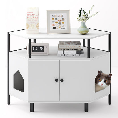 Corner Cat Litter Box Enclosure with Integrated Open Shelf
