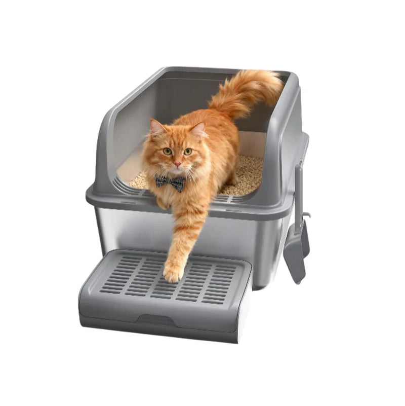 Stainless Steel Cat Litter Box with Scatter-Proof Elevated Step Board and Scoop - Durable Non-Sticky Design in Grey