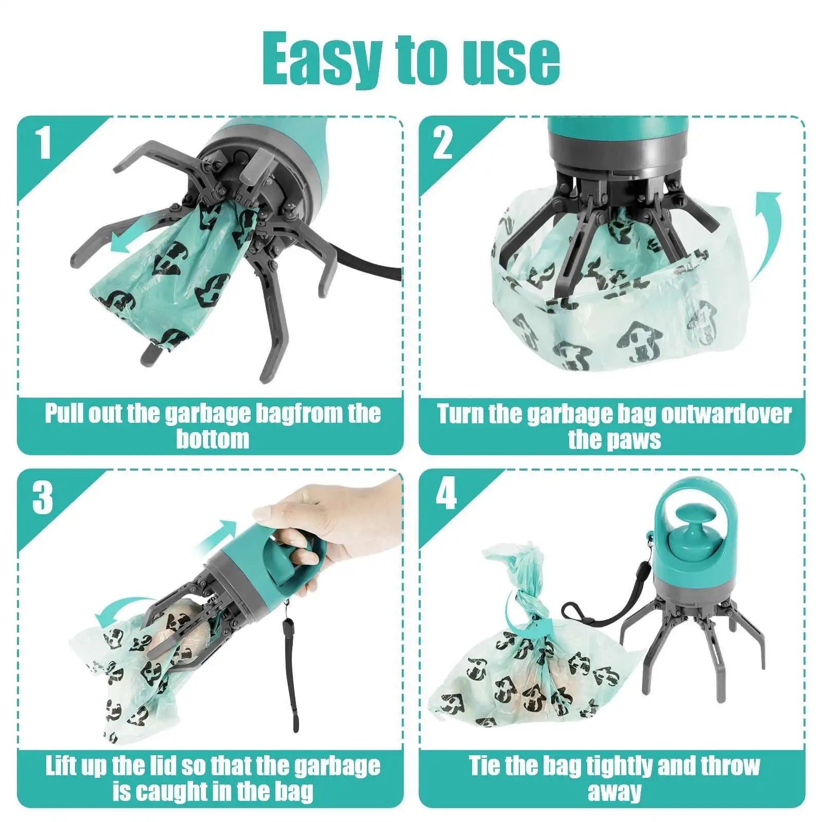 Portable Dog Waste Management Tool with Built-In Garbage Bag and No-Touch Design