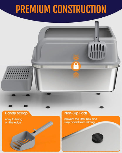 Stainless Steel Cat Litter Box with Scatter-Proof Elevated Step Board and Scoop - Durable Non-Sticky Design in Grey
