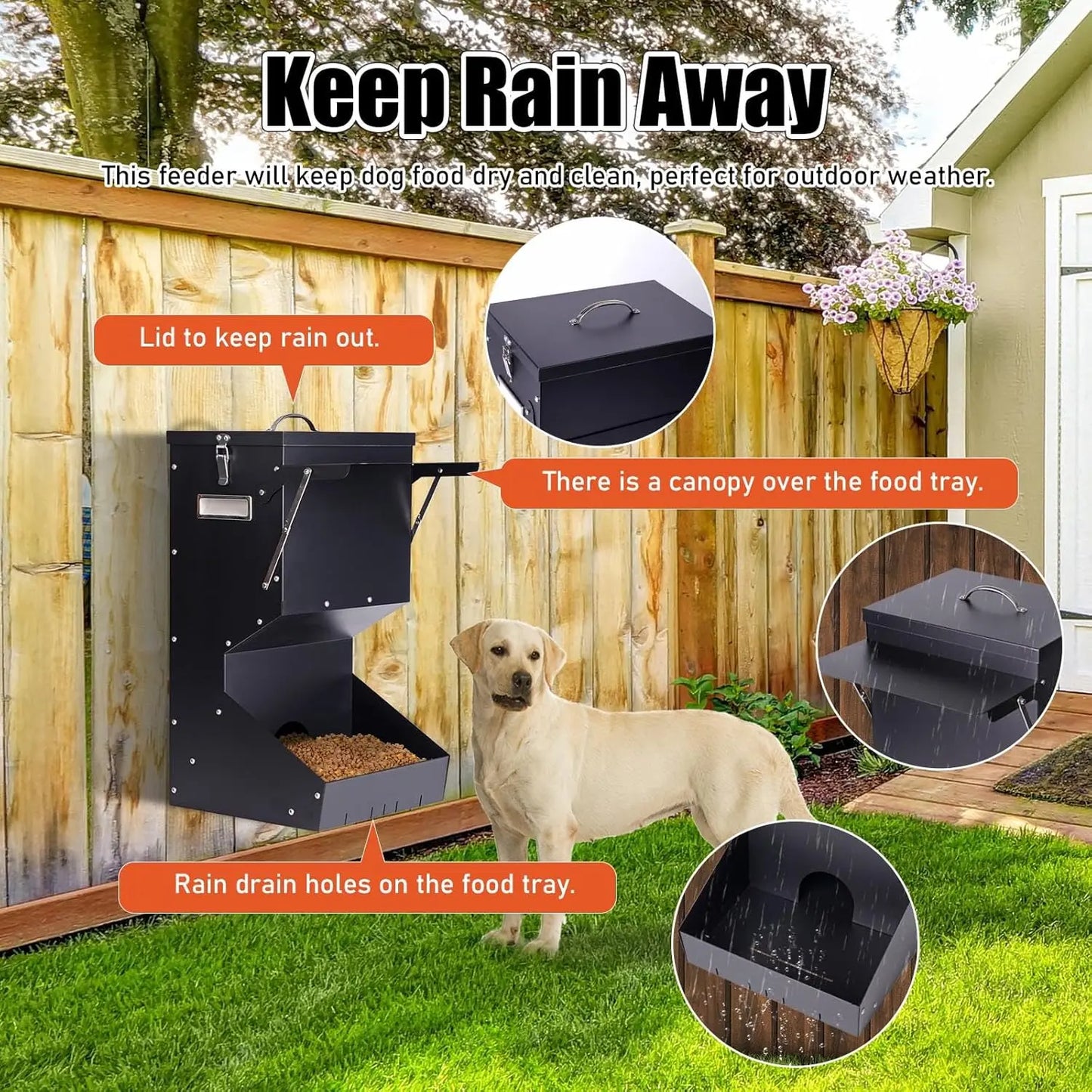 Outdoor Automatic Dog Feeder for Large Breeds - 25 lbs Galvanized Gravity Dog Food Dispenser and Hanging Feeder for Dogs, Chickens, and Farm Animals