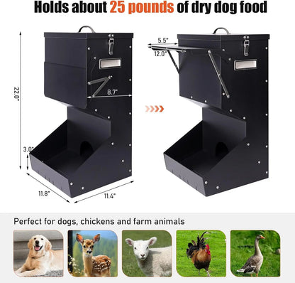 Outdoor Automatic Dog Feeder for Large Breeds - 25 lbs Galvanized Gravity Dog Food Dispenser and Hanging Feeder for Dogs, Chickens, and Farm Animals