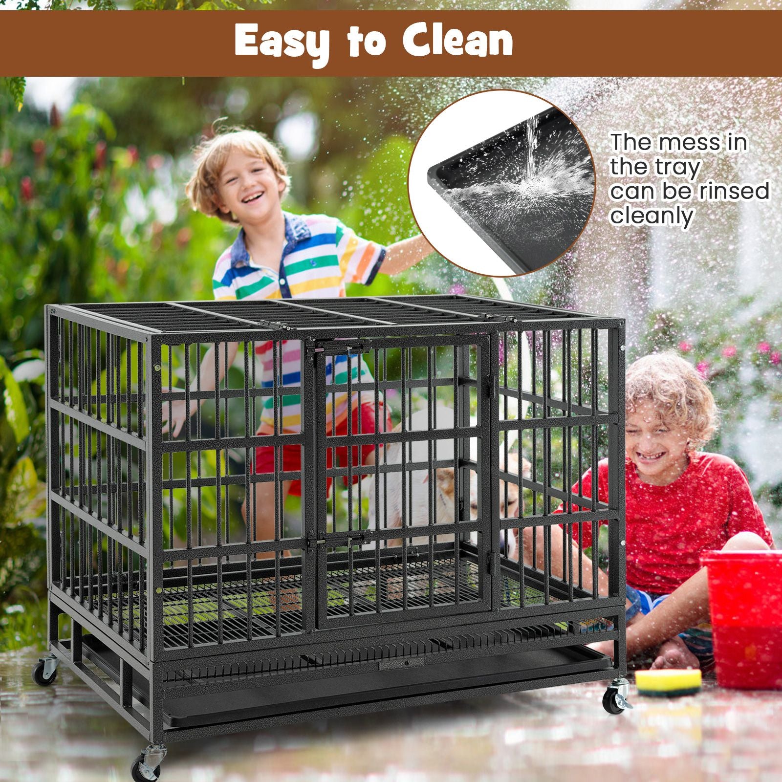 Foldable Metal Dog Cage with Double Doors and Wheels - 96/120 cm