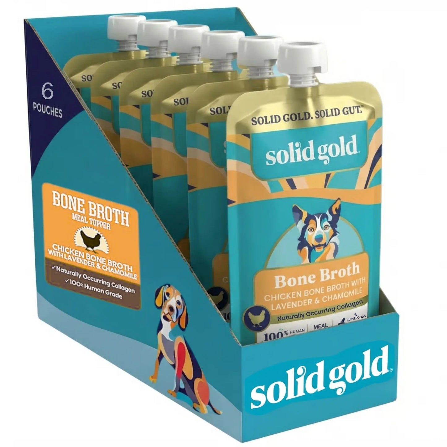 Solid Gold Nutrient-Rich Bone Broth Topper for Dogs with Turmeric - 6 Pouches - Made in the USA