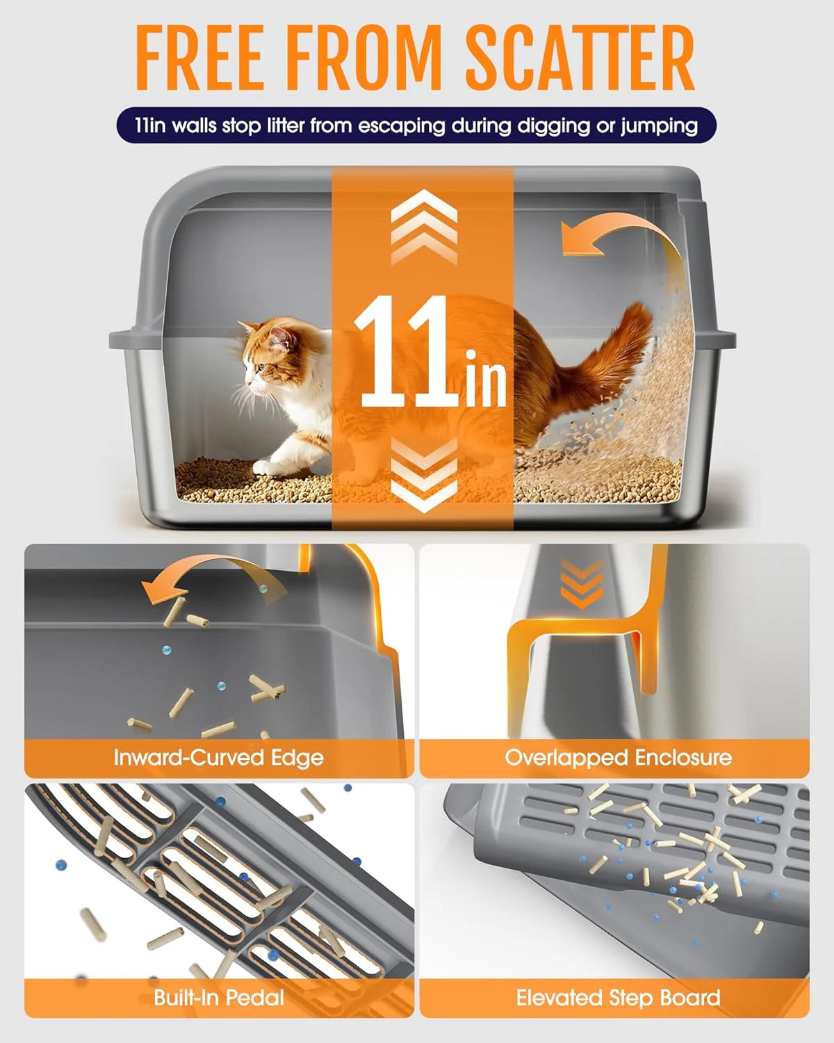 Stainless Steel Cat Litter Box with Scatter-Proof Elevated Step Board and Scoop - Durable Non-Sticky Design in Grey