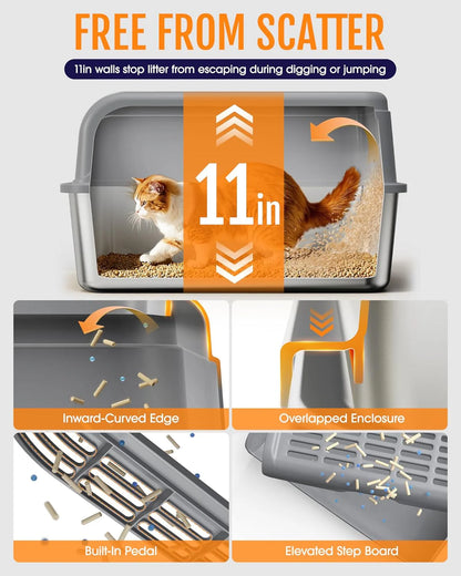Stainless Steel Cat Litter Box with Scatter-Proof Elevated Step Board and Scoop - Durable Non-Sticky Design in Grey