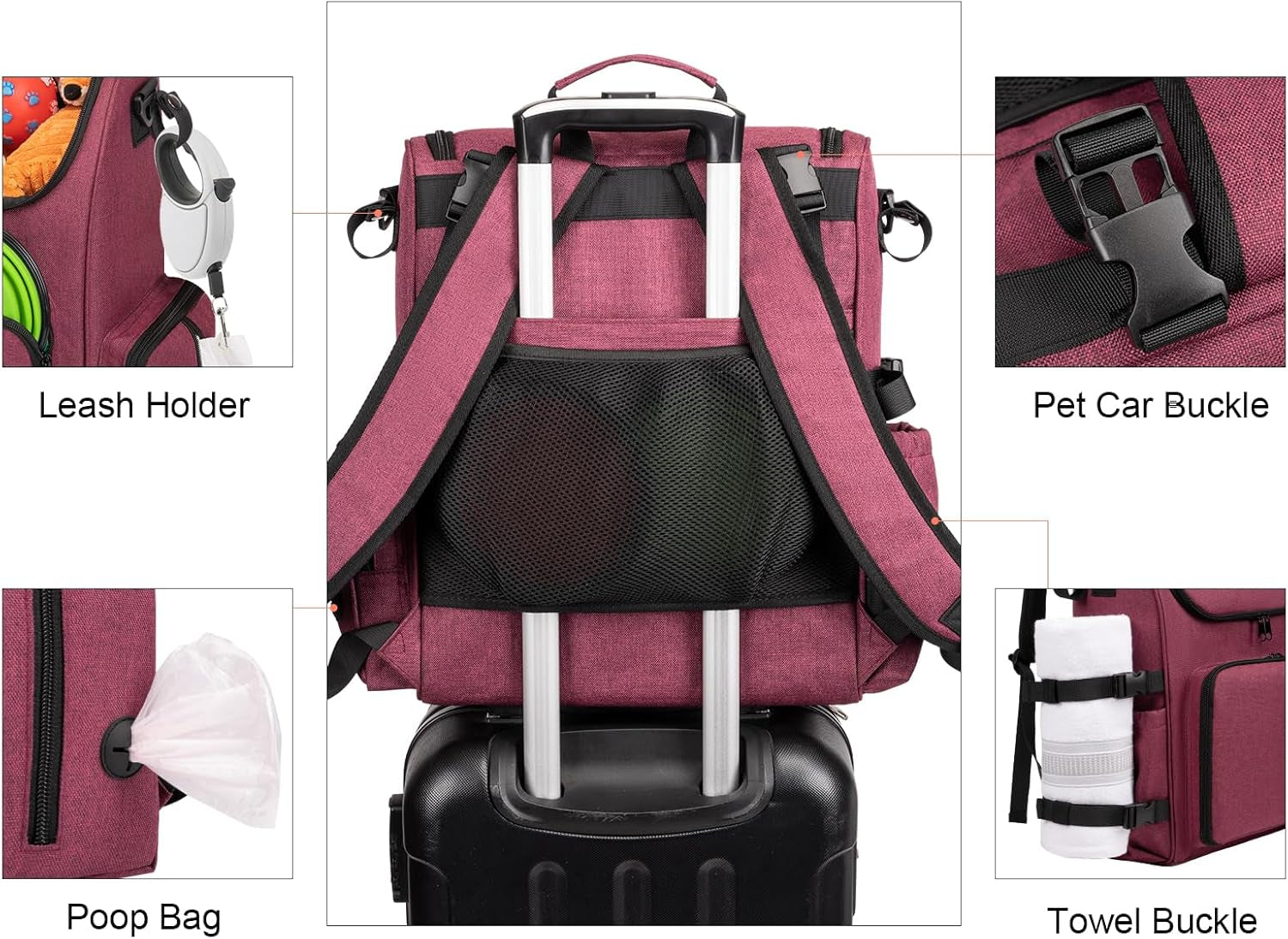 Pet Travel Backpack: Airline-Approved Organizer for Dogs and Cats with Shoulder Strap, Includes 2 Food Storage Containers, 2 Collapsible Bowls, and 1 Pet Mat - Rose Red