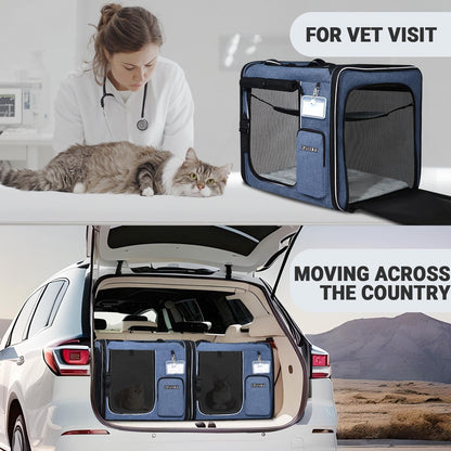 Portable Dual Cat Carrier with Integrated Litter Box (Blue)