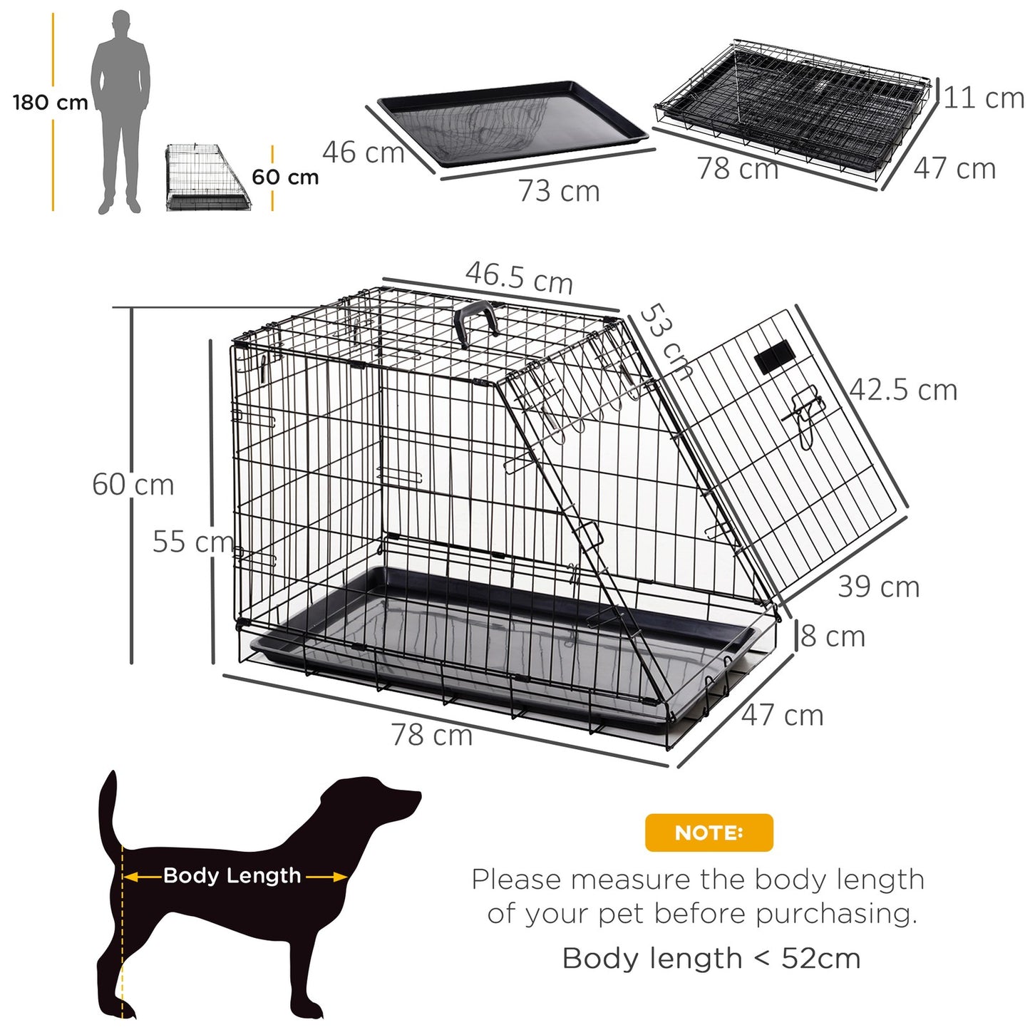 Metal Folding Dog Crate with Removable Tray - 78 x 47 x 55 cm