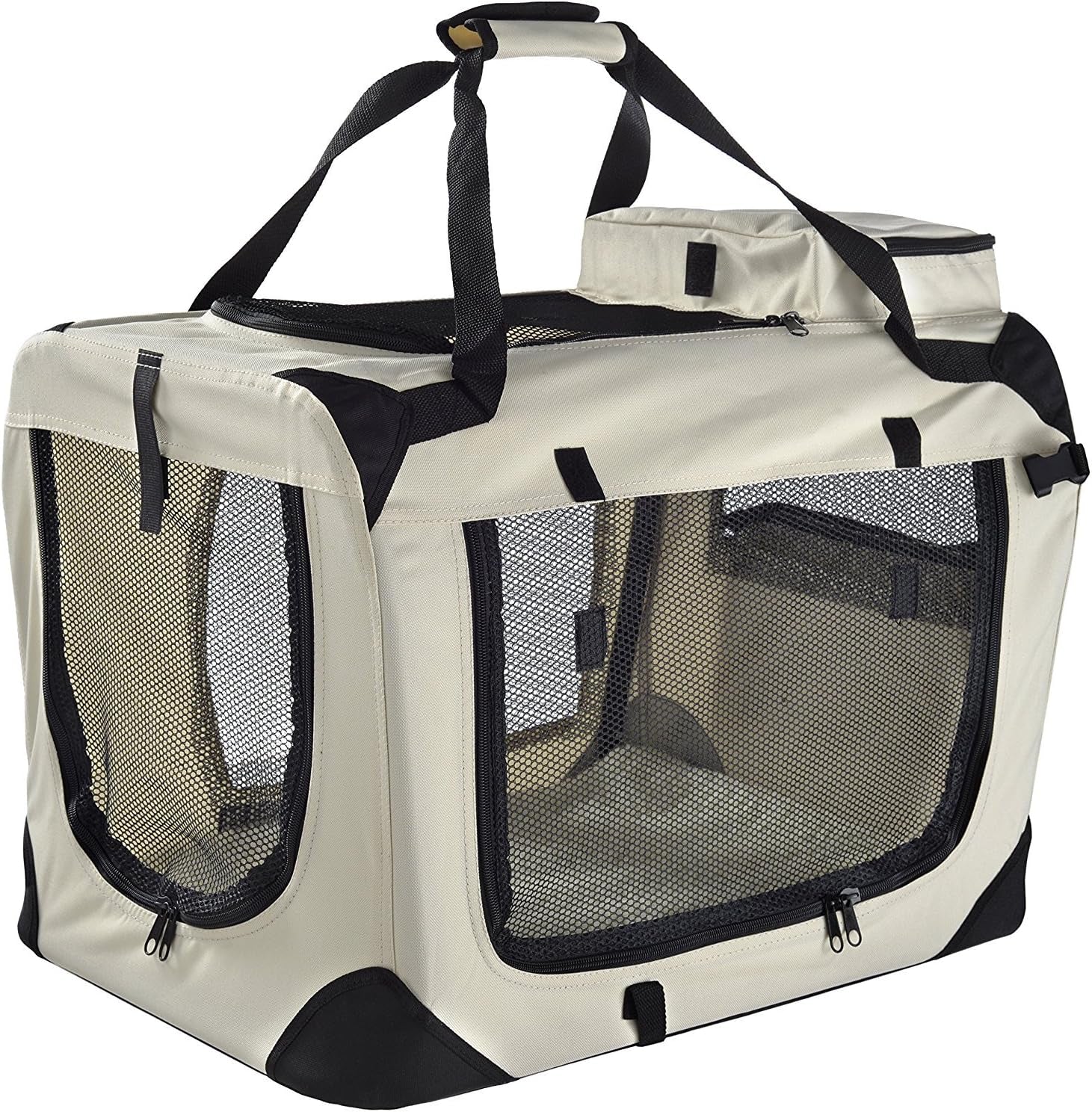 Large Pet Carrier for Cats and Small Dogs, Foldable Travel Crate with Reversible Fleece Mat - Beige