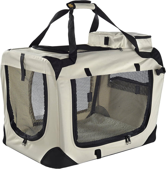 Large Pet Carrier for Cats and Small Dogs, Foldable Travel Crate with Reversible Fleece Mat - Beige
