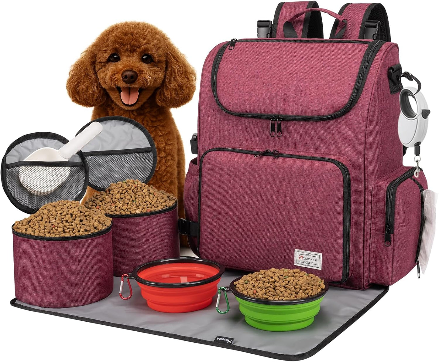 Pet Travel Backpack: Airline-Approved Organizer for Dogs and Cats with Shoulder Strap, Includes 2 Food Storage Containers, 2 Collapsible Bowls, and 1 Pet Mat - Rose Red