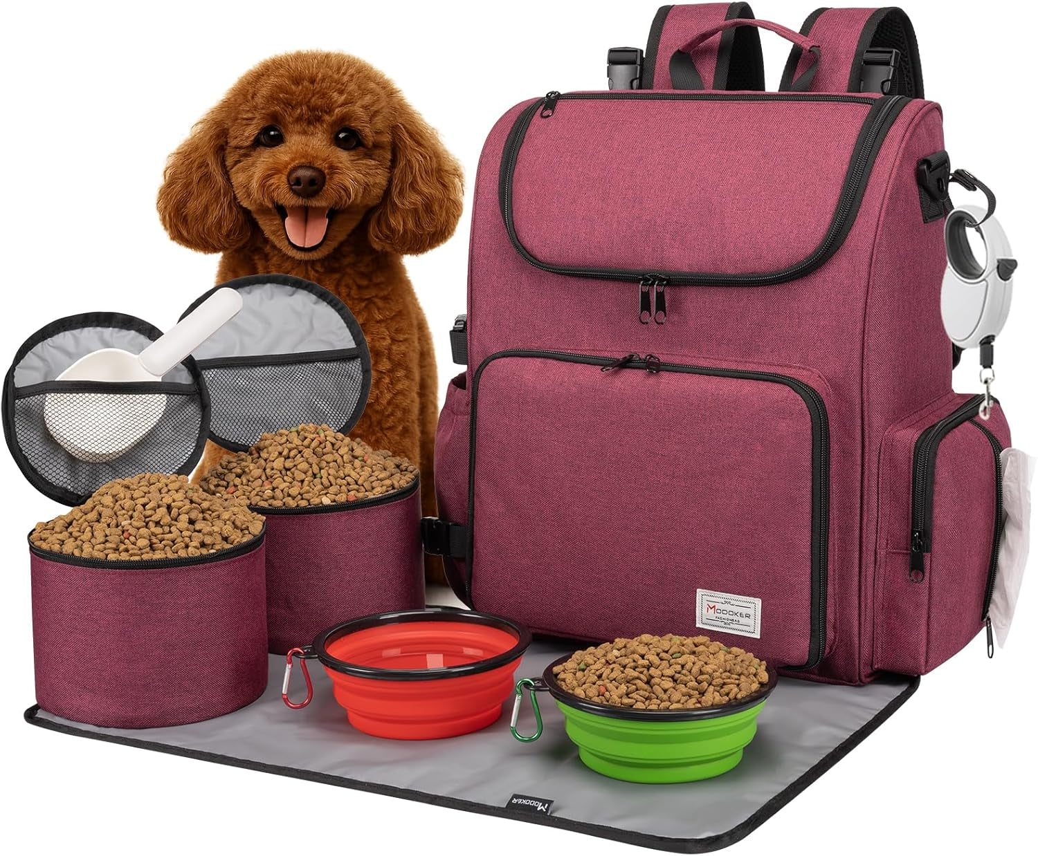 Pet Travel Backpack: Airline-Approved Organizer for Dogs and Cats with Shoulder Strap, Includes 2 Food Storage Containers, 2 Collapsible Bowls, and 1 Pet Mat - Rose Red