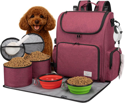Pet Travel Backpack: Airline-Approved Organizer for Dogs and Cats with Shoulder Strap, Includes 2 Food Storage Containers, 2 Collapsible Bowls, and 1 Pet Mat - Rose Red